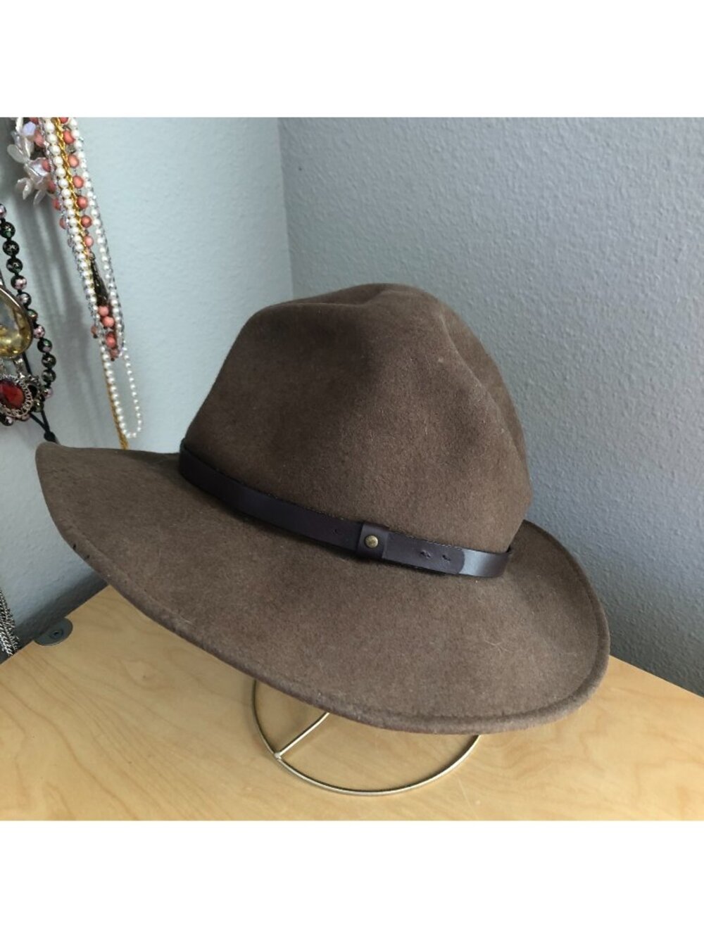 Scala Tan Brown Wool Fedora Hat Wide Brim Boho Western size S Leather Band